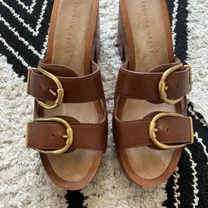 Veronica Beard Brown Leather Mules with Gold Buckles